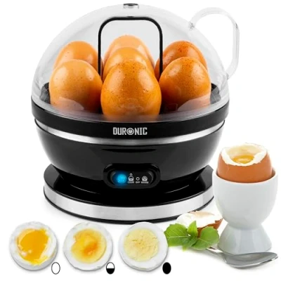 Immagine di Duronic EB27 BK Cuociuova 400W Fino a 7 uova Sode, alla coque o medie con Timer Bollitore Funzione mantenimento in caldo Misurino e coppette per cottura camicia