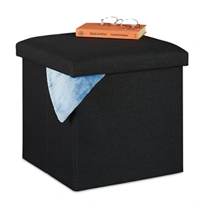 Immagine di Relaxdays Sgabello con Contenitore, Pieghevole, Imbottitura Morbida, Quadrato, Stoffa, HxLxP: 37x37,5x37,5 cm, Nero, 1 pz