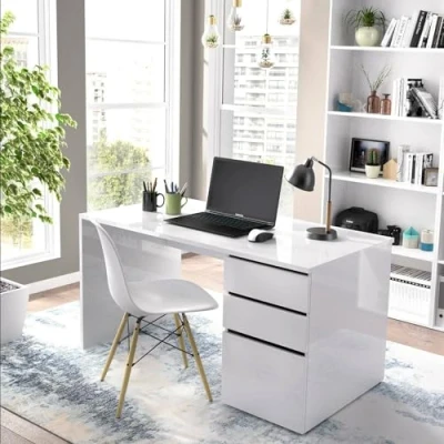 Immagine di Dmora Scrivania Lagoni, Scrittoio multiuso da ufficio o cameretta, Tavolo studio lineare con 2 cassetti e 1 anta, 139x60h75 cm, Bianco
