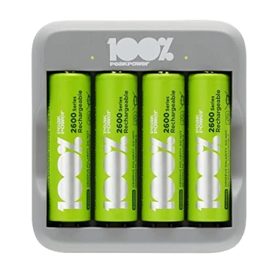Immagine di Caricabatterie per Pile Ricaricabili AA e AAA 100% PEAKPOWER Include 4 Batterie NimH da 2300 mAh