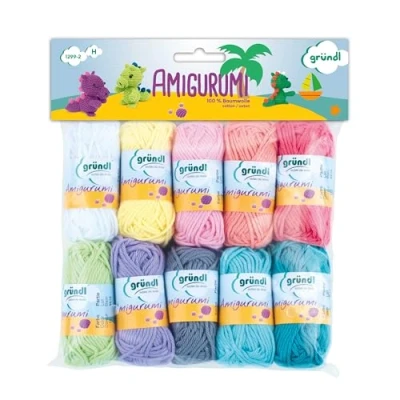 Immagine di Gründl Amigurumi Set II Pastel Colours (Mini 100, Ideale per l&#039;uncinetto Colori Diversi, g/23 m, Dimensione dell&#039;ago: 3.0 4.0 mm, matasse á 10 g), Cotone, Pastello, 31 x 32 7.5 cm