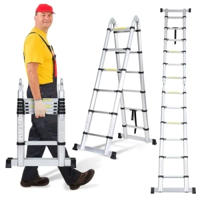 Immagine di Cecaylie Scala telescopica in alluminio, 3,8 m (1,9 + 1,9 m), allungabile, antiscivolo, multifunzionale, portatile, portata massima 150 kg