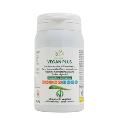 Immagine di Benessence Integratore utile per una dieta vegana Vitamine B12, B2, D3, K2, Ferro, Zinco, Calcio, Selenio, Iodio e Aloe Vera Bio 60 capsule