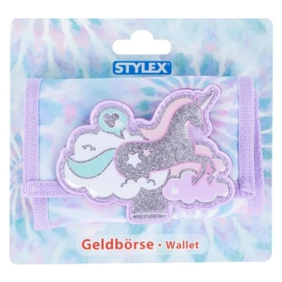 Immagine di Stylex 47071 Portafoglio per Bambini con Disegno in Colori Pastello, Blu Viola e Patch Unicorno Argento, Circa 12,5 x 9 2,5 cm, Multicolore,