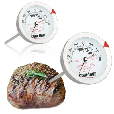 Immagine di COM FOUR® 2x Termometro per Arrosto Carne a 2 Zone con Display di Controllo del Punto Cottura Analogico Grill e Forno Ago (2 pezzi zone)