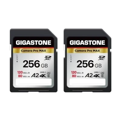 Immagine di GIGASTONE A2 V60 Scheda di Memoria SDXC 256 GB, Set da 2, 4K Camera Pro Velocità 120 MB/s per Fotocamera Canon Nikon Sony Panasonic, U3 UHS I Classe 10 UHD Video, con 2 mini custodie