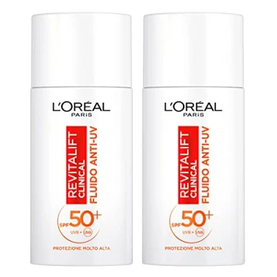 Immagine di L&#039;Oréal Paris Revitalift Clinical Fluido Anti UV Viso SPF 50+ Protezione Solare con Tecnologia Netlock Formula Vitamina C Azione Antiossidante ed Age Texture Ultra Leggera 2 Flaconi da 50ml