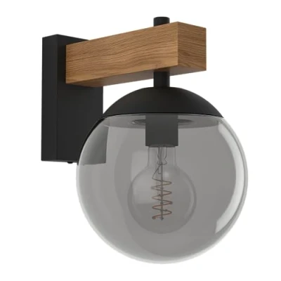 Immagine di Eglo Bufalata Lampada da parete per esterni, applique in metallo nero e aspetto legno, sfera plastica di colore trasparente, con attacco E27, IP44