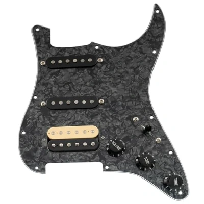 Immagine di Musiclily Pro Auto Split HSS Battipenna Precablato Pre Wired Loaded Pickguard con Artec Alnico 5 Pickups per Chitarra Elettrica tipo Strato, 4 strati Black Pearl
