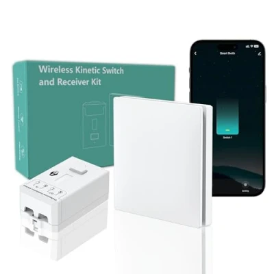 Immagine di Set di interruttori wireless, interruttore RF cinetico senza batteria da 1000 W con ricevitore raggio azione 100 m, murale impermeabile IP65 (Kit versione WiFi)