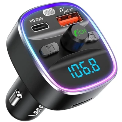 Immagine di LENCENT Bluetooth 5.4 Trasmettitore FM Adattatore Auto 48W [PD 30W &amp; 18W] [7 Colori Luce] [Ricarica Rapida] Musicale Radio Wireless Chiamate in Vivavoce, Supporto Chiavetta USB Scheda TF