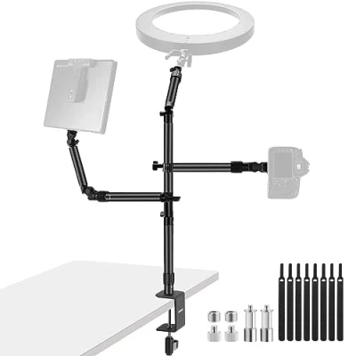 Immagine di NEEWER Supporto di Montaggio da Scrivania per Fotocamera Sopraelevato con 2 Braccio Telescopico Luce Video ad Anello Webcam Mic Compatto DSLR Casa Studio Live Streaming Broadcast, ST008