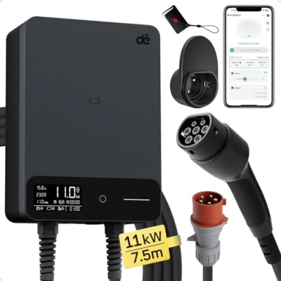 Immagine di dé Wallbox 11kW [7,5m, 6 16A, Trifase 400V] Colonnina Ricarica Auto Elettrica con Cavo Tipo 2 da 7,5 m e Supporto, EV Stazione di Ricaric RCD B Protezione IP55, per BEV/PHEV