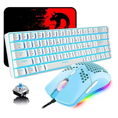 Immagine di Tastiera e Mouse Gaming USB Cablate, 68 Tasti Switch Blu Retroilluminazione BluGhiaccio 60% Meccanica Bianco, Topo Programmabile Leggero da 6400DPI Verde, Compatibile con Windows Mac PS4