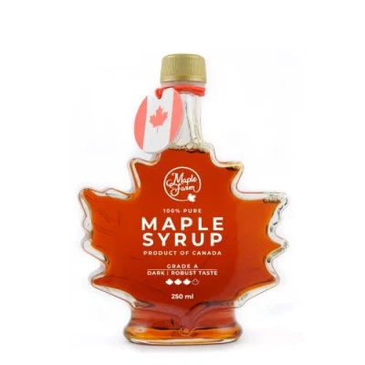 Immagine di MapleFarm Puro sciroppo d&#039;acero Canadese Grado A, Dark Robust taste Bottiglia a foglia 250 ml (Confezione da 1) Pure maple syrup succo