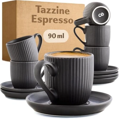 Immagine di Cosumy Tazzine Caffe Espresso Moderne con Piattino 6 Tazze 90ml Manico Unico disegno a righe Ceramica Nero Opaca Lavabili in lavastoviglie