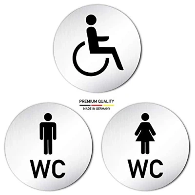 Immagine di Kinekt3d Leitsysteme Targhetta per WC XXL, set di 3 cartelli, 1 da donna, uomo, sedia a rotelle Pkto, Ø 100 mm, alluminio (anodizzato)