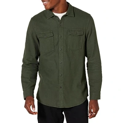 Immagine di Amazon Essentials Camicia in Flanella con Due Tasche a Maniche Lunghe vestibilità Aderente Uomo, Verde Oliva Puntinato, L
