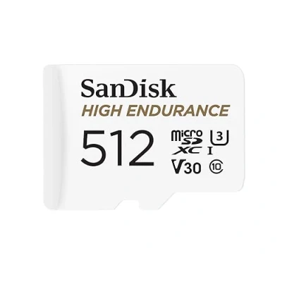 Immagine di Scheda microSD SanDisk High Endurance per videosorveglianza da 512 GB + Adattatore SD, fino a 100 MB/sec, Classe 10, U3, V30