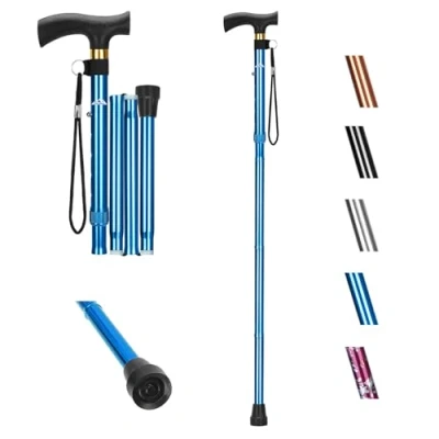 Immagine di supregear Bastone Pieghevole, da Passeggio Pieghevole in Alluminio e Regolabile con Impugnatura a T Cinturino Polso Antiscivolo, Aiuto per la Mobilità Degli Anziani Disabili