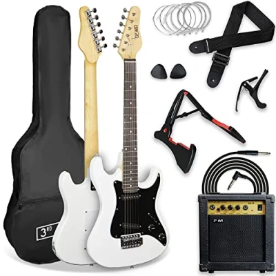 Immagine di 3rd Avenue XF Kit Definitivo Per Chitarra Elettrica 3/4 Con Amplificatore Da 10 W, Sintonizzatore Digitale, Cavo, Supporto, Custodia Morbida, Tracolla, Corde Di Ricambio, Plettri, Capotasto Bianco