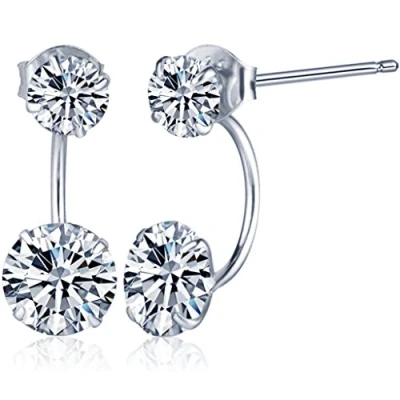 Immagine di Yumilok gioielli in argento Sterling 925 e zircone cubico doppia sfera; orecchino a bottone su fronte retro per donna, modello &quot;ear jacket&quot;, ipoallergenico.