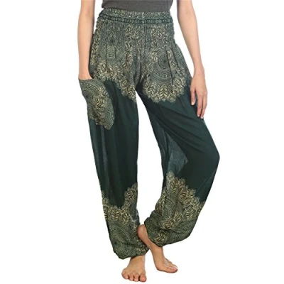 Immagine di Lofbaz Donna Harem Colorato Smocked Waist Boho Peacock Pantaloni Verde Size S