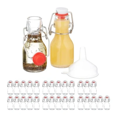 Immagine di Relaxdays Set 30 Bottigliette in Vetro per Bomboniere Liquori o Olio, Bottiglie 50 ml, con Tappo Ermetico, Trasparente, Acciaio Inox