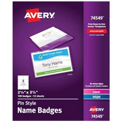 Immagine di Avery Pin Style 74549 Distintivi con nome e apertura dall&#039;alto, 5,7 x 8,9 cm, confezione da 100, colore: bianco