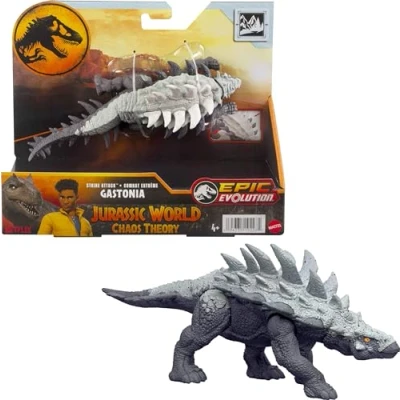 Immagine di Mattel Jurassic World Strike Attack Dinosauro giocattolo con azione a colpo singolo e articolazioni mobili, action figure Gastonia include gioco digitale