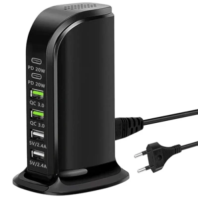 Immagine di Caricatore USB Multiplo, C Veloce da 65W con PD 20W e QC3.0, Stazione di Ricarica Multiporta, a 6 Porte Compatibile iPhone/Samsung/Xiaomi (nero)