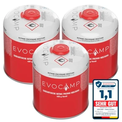 Immagine di EVOCAMP cartuccia di gas propano butano da 450g, a vite con filettatura europea 7/16&quot;, bombola valvola 809ml, bombolette utilizzabile per griglie Weber (3X)