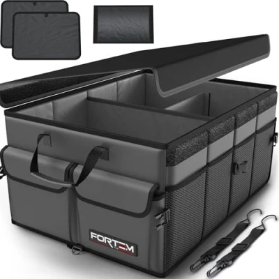 Immagine di FORTEM Organizer Bagagliaio Auto, Auto e SUV Multi Scomparto Pieghevole, Bagagliaio, Fondo Antiscivolo, Cinghie Regolabili, Coperchio Pieghevole (Grigio, Standard)