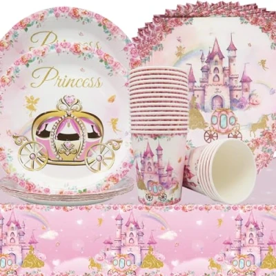 Immagine di Doyomtoy 61PCS Stoviglie per la Festa della Principessa,Forniture Feste Principessa Decorazioni del Castello Principessa,Inclusi Piatti,tazze,Tovaglioli,Tovaglie 20 invitati