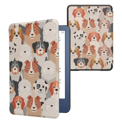 Immagine di kwmobile Custodia eReader Compatibile con Amazon Kindle (2022/2024) Cover eBook Reader Flip Case bianco/marrone chiaro/grigio Cani