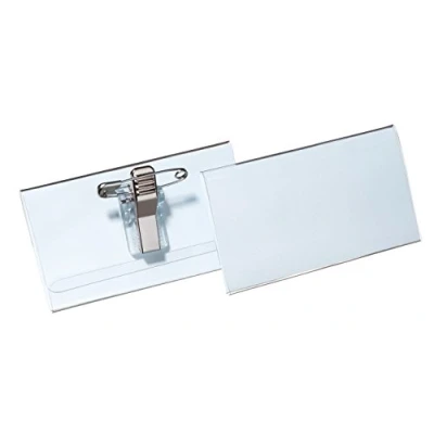 Immagine di Durable 814119 Portanome Economy, con combi clip, spilla e clip a coccodrillo, 40x57 mm, trasparente, confezione da 50 pezzi