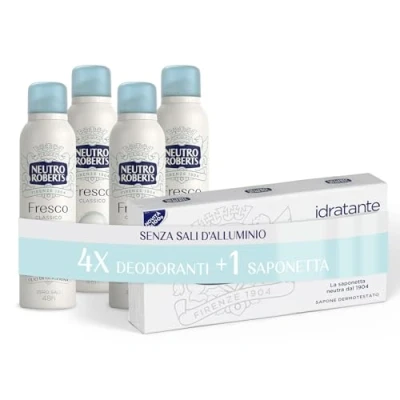 Immagine di Neutro Roberts, Deodorante Spray Fresco Classico, Zero Sali di Alluminio, Macchie, con Puro Olio Glicerina, Uomo e Donna, Dermatologicamente Testato, 48h 4 Pezzi da 150 ml