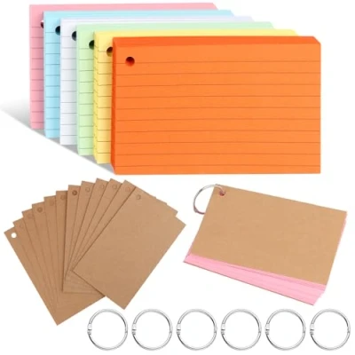Immagine di TNEDFOD 300 Pezzi Flash Card Cartoncini, 12,3 x 7,3 Schede Indice con Anelli Rilegatura e Carta Kraft, Flashcards Cartoncino a Righe per Scuola, Ufficio, Casa, Studio Appunti (6 Colori)