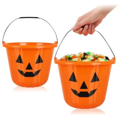 Immagine di com four® 2X Secchi di Zucca Halloween XL plastica con Design a per la Raccolta Dolci Borsa Manico