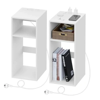 Immagine di WOLTU 2 pezzi Comodino con Prese e Porte USB, per Camera da Letto Stretto, Salvaspazio Scomparti Aperti, Soggiorno, Cameretta, in Legno, 25x30x60cm, NTS06ws