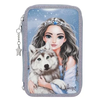 Immagine di Depesche 13149 TOPModel Wolf 3 Scomparti in Blu Scuro, con Motivo di modelle, Stelle e Brillantini, Astuccio matite Colorate, Righello, Forbici Molto Altro, Multicolore, One Size