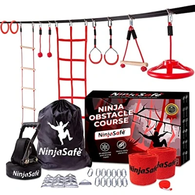 Immagine di Percorso ad ostacoli Ninja per il cortile bambini 10 durevoli e 15m di slackline attrezzatura giochi all&#039;aperto bambine con rete scala arrampicata, ginnastica