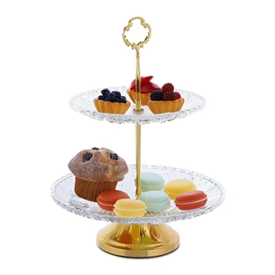 Immagine di Relaxdays Alzata a 2 Piani, Alzatina con Vassoi Rotondi per Dolci, in Vetro e Ferro, HxD: 30 x 23 cm, Trasparente Oro, 90% 10%