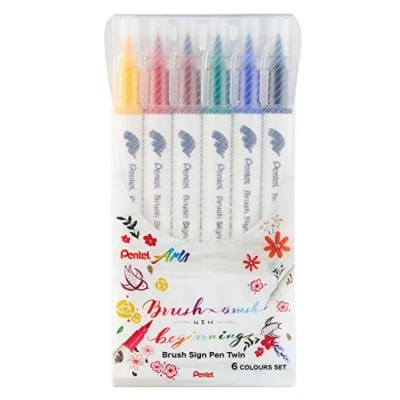 Immagine di Pentel SESW30 Brush Sign Pen Twin, set di 6 pennarelli con due punte flessibili, inchiostro a base d&#039;acqua, colori assortiti