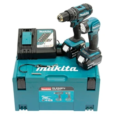 Immagine di Makita DLX2497J Kit combinato batteria 18 V (DHP482 + DML815), 3 Ah, 2 batterie ricaricabili in MAKPAC, nero, petrolio