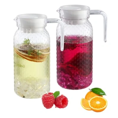 Immagine di 2 pezzi di Caraffa acqua da 1 litro, brocca trasparente con coperchio, Plastica, in acrilico, adatta per al limone, tè freddo, latte
