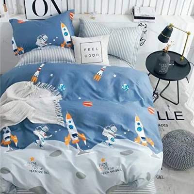 Immagine di Biancheria da letto per bambini, 135 x 200 cm, motivo astronauta e razzo, 100% cotone, federa 80 con chiusura lampo, 2 pezzi, blu