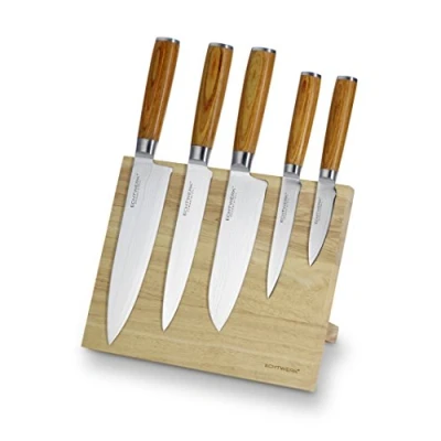 Immagine di ECHTWERK Set di coltelli Damasco da 6 pezzi, Coltello chef, Santoku, per sfilettare, multiuso, Spelucchino, Incluso blocco magnetico in legno