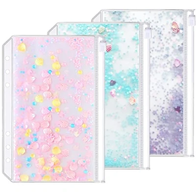 Immagine di 3 pezzi A5 6 fori raccoglitore tasche plastica Zipper Folders impermeabile Loose Leaf Bags Zip Lock Busta per documenti taccuini carte (Sequins Decorate Pocket, A5)