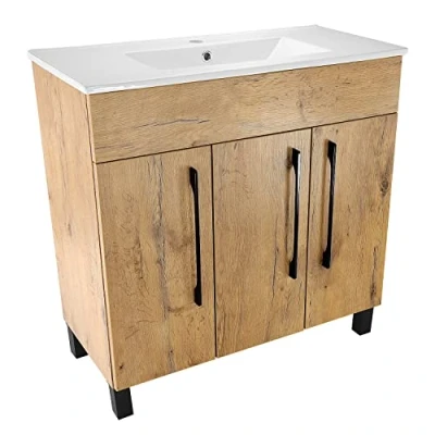 Immagine di paplinskimoebel Vittoria Set di mobili da bagno + lavandino, 80 x 38,8 80,4 cm, lavabo incasso in ceramica, effetto rovere opaco, corpo legno, mobile